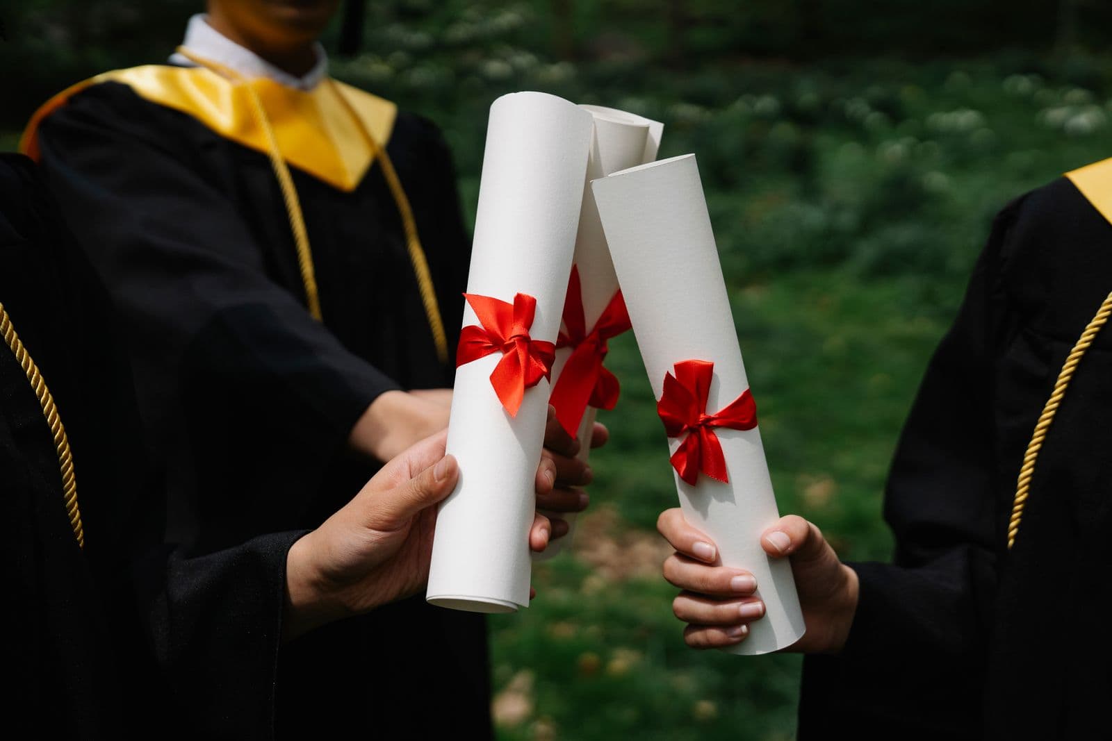 Graduates in caps and gowns holding their diplomas